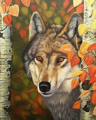 Wolf in The Aspen Trees At Fall Colorful Time, Cotton Fabric Panel Size 36 X 44 Inches David Textiles 3980, Brown