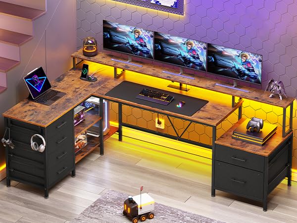 UPOSOJA L Shaped Gaming Desk with Power Outlet, 78" Reversible Corner Computer Desk with File Drawers & LED Strip, Home Office Desk with Storage Shelves Monitor Shelf CPU Stand Mouse Pad Brown