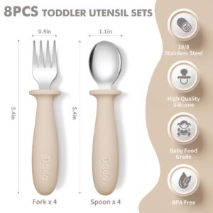 DRKIO 8 Pieces Toddler Utensils Set - Kids Silverware Set with Silicone Handle Children Safe 18/8 Stainless Steel Forks and Spoons Anti-Choke Design Food Grade Dishwasher Safe