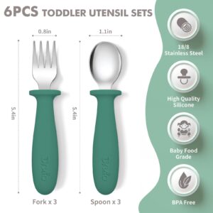 DRKIO 6 Pieces Toddler Utensils Set - Kids Silverware Set with Silicone Handle Children Safe 18/8 Stainless Steel Forks and Spoons Anti-Choke Design Food Grade Dishwasher Safe