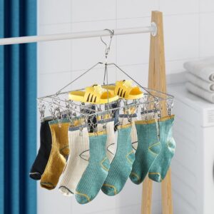 TVRTFQ 2 Pack Stainless Steel Sock Drying Rack with 80 Clips,360° Rotatable Windproof Hook Clothes Hanger Rack for Sock,Bras,Underwear,Baby Clothes,Hat,Scarf,Pants,Gloves,Towel and Laundry Accessories