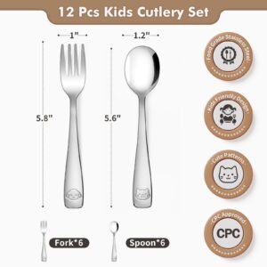 DRKIO Stainless Steel Toddler Utensils Set - 12 Pieces Kids Silverware Set Children Safe Food Grade Small Forks and Spoons Dishwasher Safe Mirror Polished