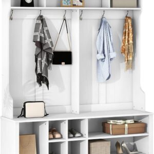 Rovibek Hall Tree with Bench and Shoe Storage Coat Rack 60in Entryway Bench Wooden Shoe Rack Storage Cabinet Shelf Entryway Furniture Home Organizer for Living Room Entryway, White