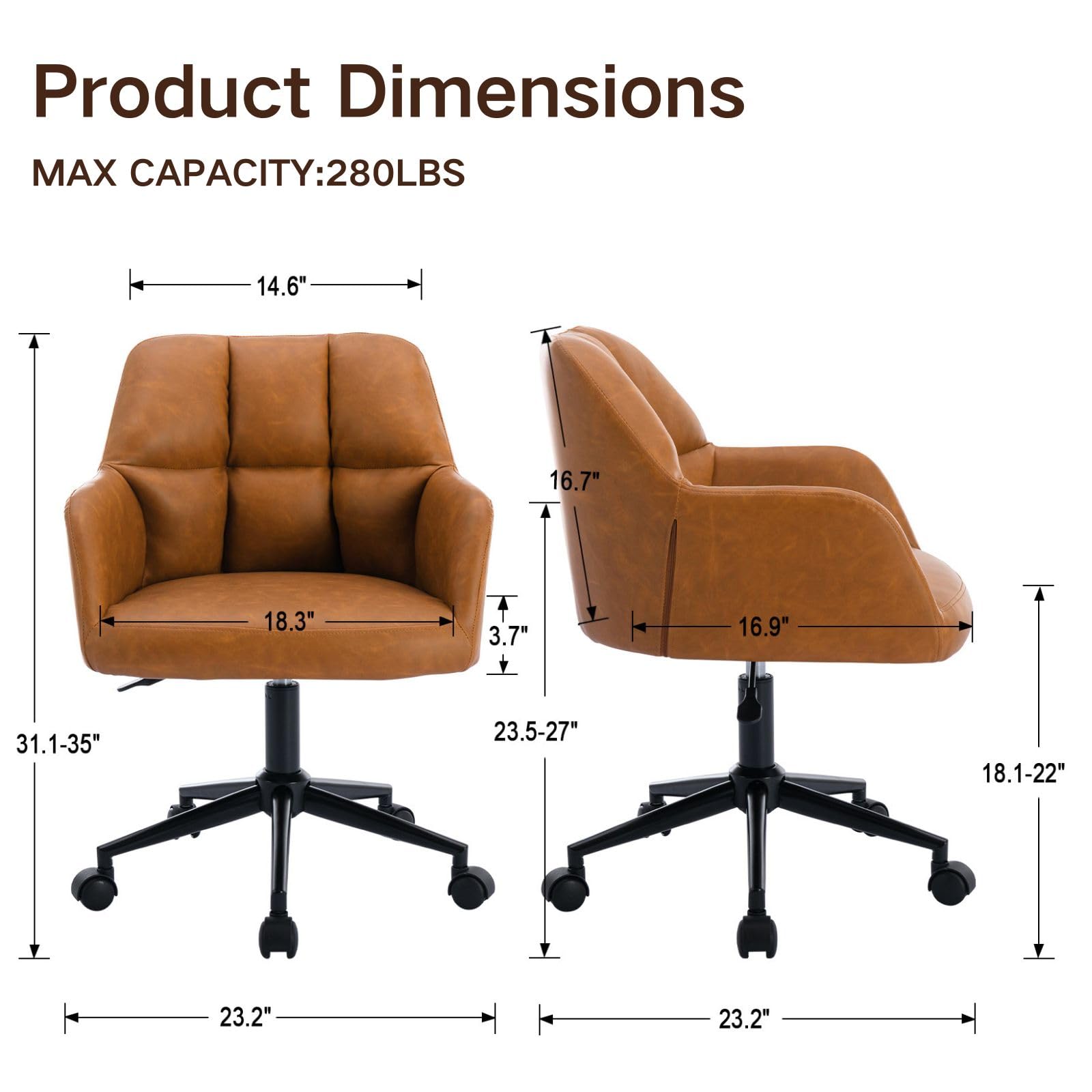 DAYALANE Brown Home Office Chair with Wheels, Adjustable Computer Chair Swivel Desk Chair with Mid Back, Upholstered Task Chair for Bedroom, Office, Small Spaces, Brown