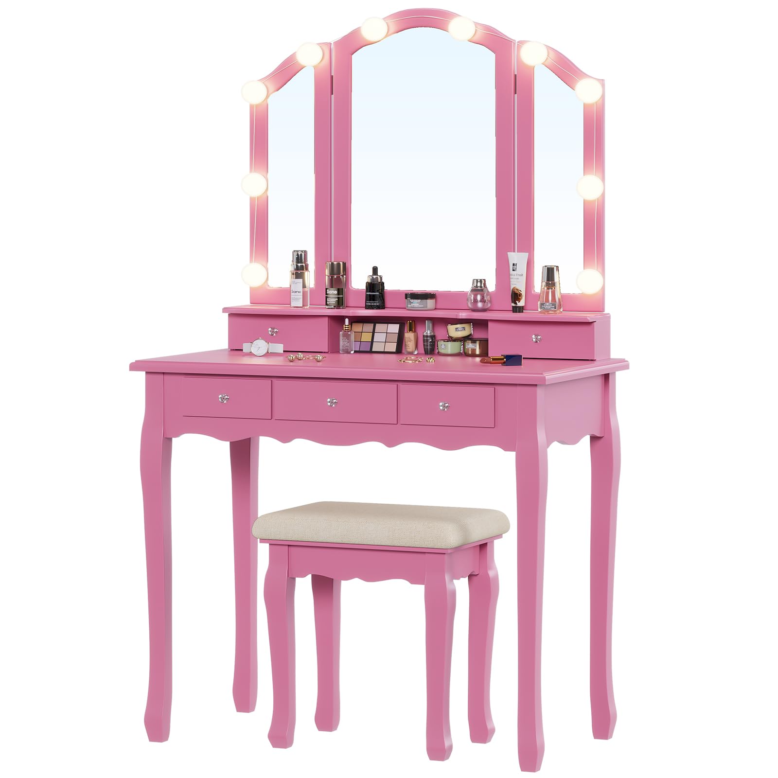 Tiptiper Vanity Desk with Tri-Fold Mirror and Lights, Makeup Vanity with Wood Upholstered Stool, Vanity Table with 5 Drawers & 8 Jewelry Hooks, Small Vanity, Pink