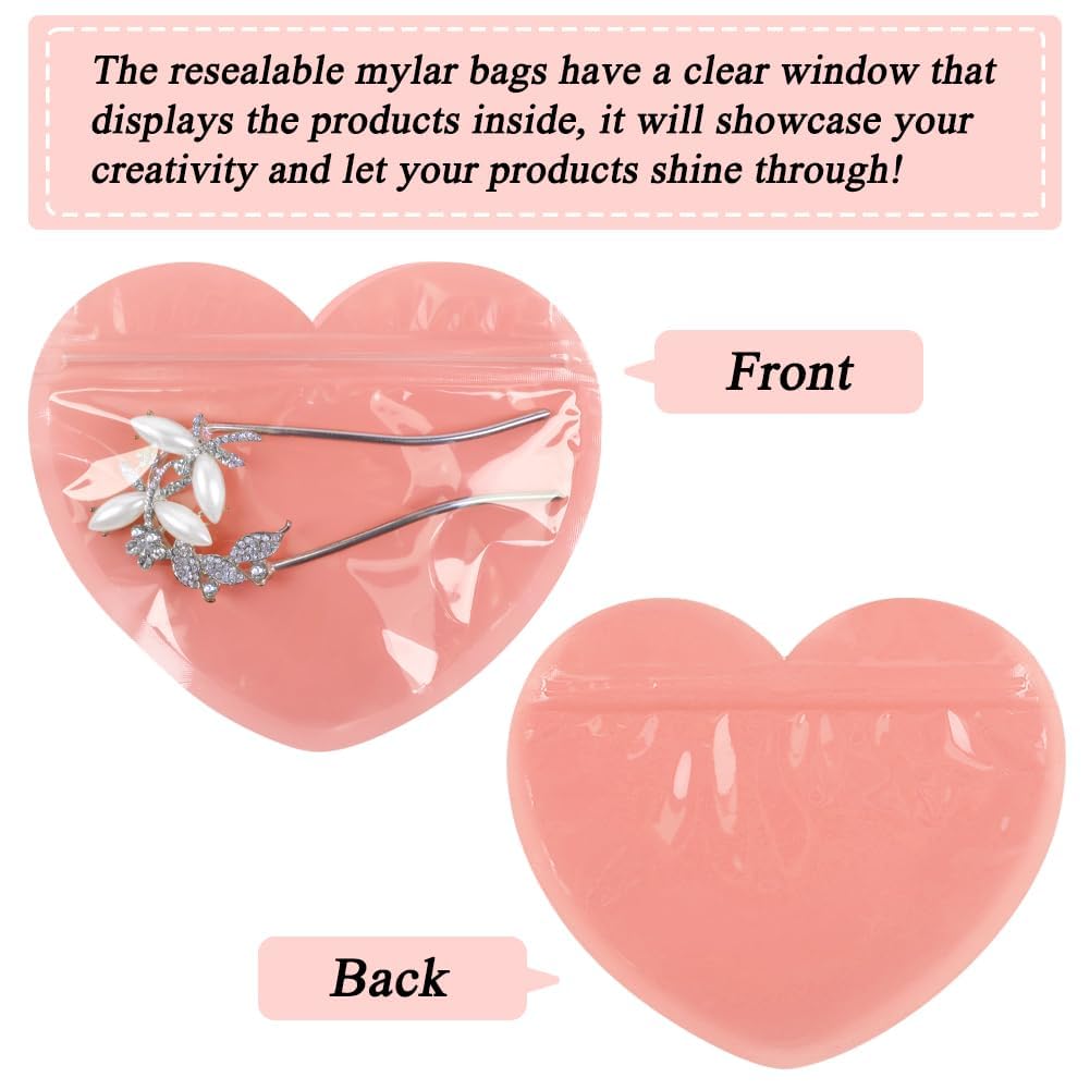 100pcs Small Bags for Small Business, 3.5x5 inch Heart-Shaped Jewelry Bags Clear Mylar Ziplock Baggies Cute Packaging Supplies for Bracelets Sample