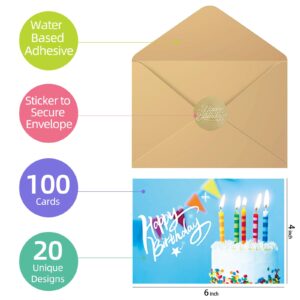 100 Happy Birthday Cards with Envelopes, 20 Unique Designs, Birthday Cards Bulk with Short Generic Message Inside, 4x6 inches, Assorted Birthday Cards Assortment for Business, Office and Personal