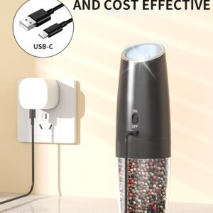 CIRCLE JOY Gravity Electric Salt and Pepper Grinder Set Rechargeable Salt and Pepper Grinder Set with LED Light, No Battery Needed, Adjustable Coarseness, Washable 135ml Container, Black