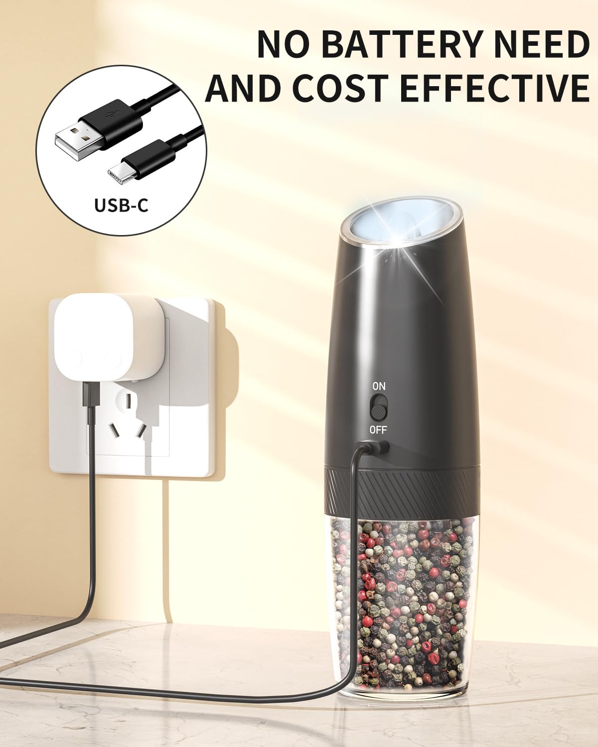 CIRCLE JOY Gravity Electric Salt and Pepper Grinder Set Rechargeable Salt and Pepper Grinder Set with LED Light, No Battery Needed, Adjustable Coarseness, Washable 135ml Container, Black