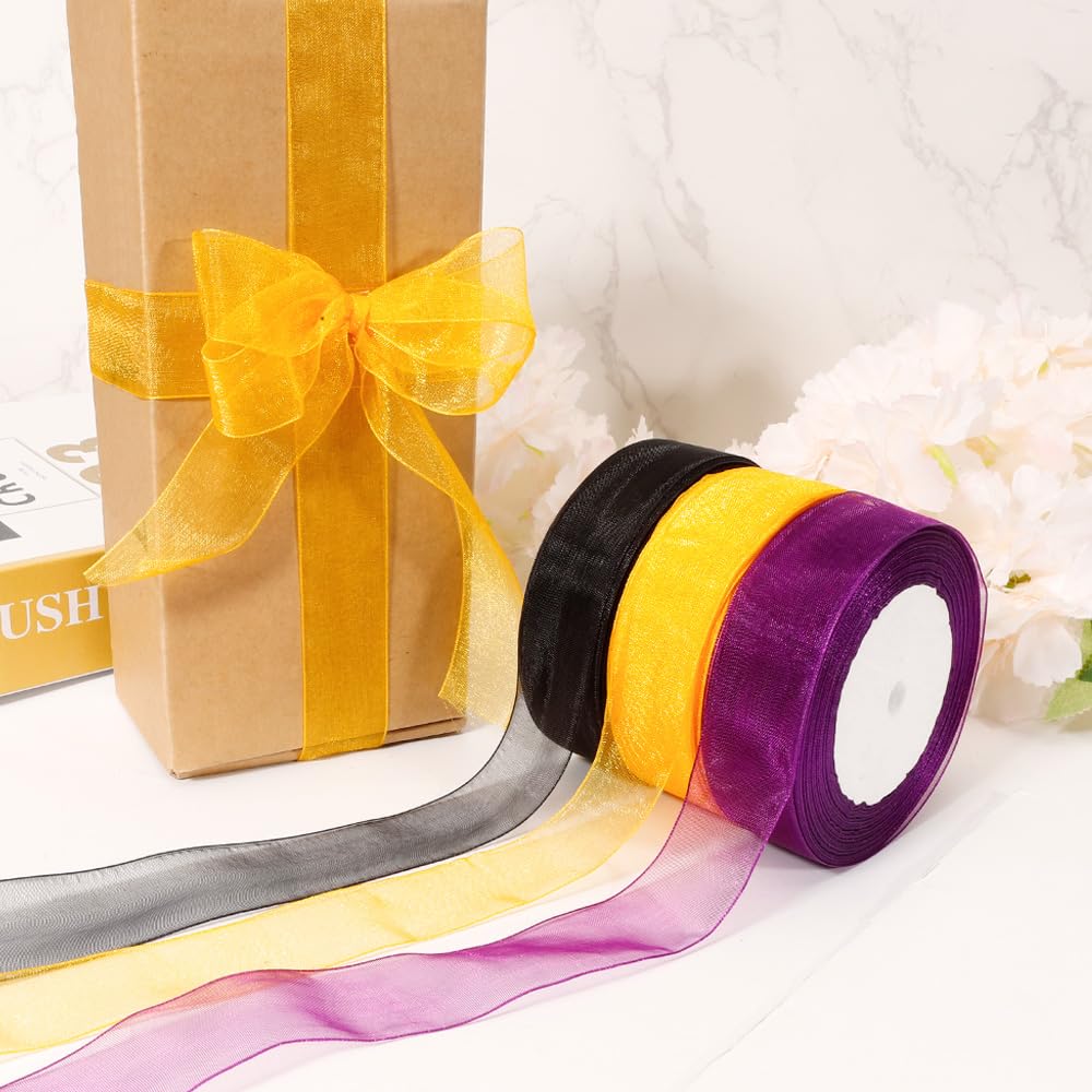 3PCS Halloween Ribbon for Gift Wrapping 1 Inch 150 Yards Halloween Decorations Sheer Wrapping Ribbon for Halloween Gifts Ribbons for Crafts Halloween Party Favors Thin Ribbon for Flower Bouquet