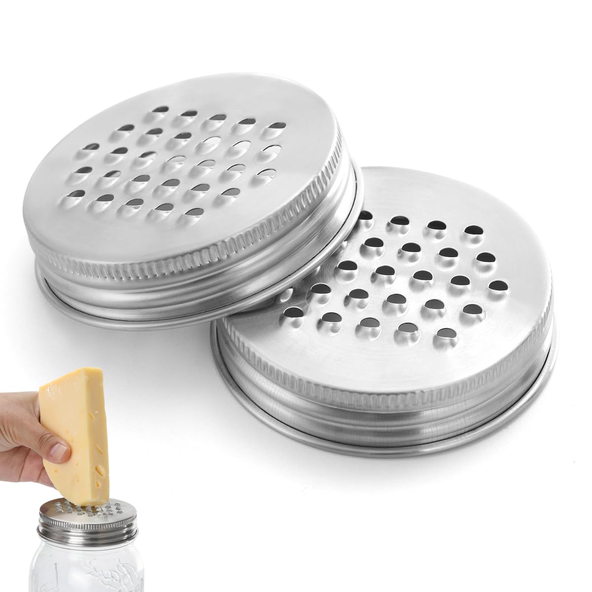 Aieve Mason Jar Grater Lid for Regular Mouth Mason Jar, 2 Pack Stainless Steel Mason Jar Cheese Grater Lid, Multipurpose Grater Shredder Lid for Regular Mason Jar