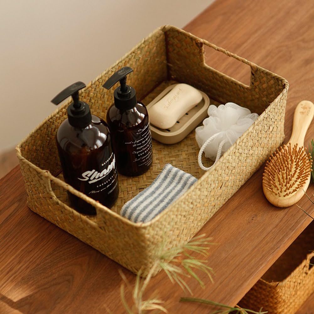 1 Pcs Handwoven Wicker Shelf Baskets, Natural Bamboo Rectangular Organizing Baskets for Shelf/Table, Built-in Iron Rack Wicker Storage Basket for Snack Cat Strip Small Things