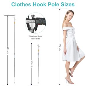 Cagaloi Clothes Hook Pole, 36" to 62" Long Pole Long Handle Telescoping Pole Stainless Steel Tube S Hook Closet for Reaching Extending Rod Lightweight Hang High Area Top(with 2 Hooks)