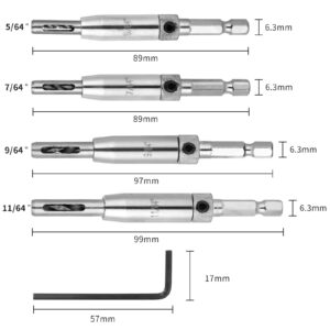 Self Centering Drill Bit Set 11/64",9/64",7/64", 5/64", for #10#8#6#4#2 Screws Size, Be Compatible with 1/4 in VIX Bit Bosch Snappy Quick-Change Hex Drill,Part #45300 Center Finding Drill Bit