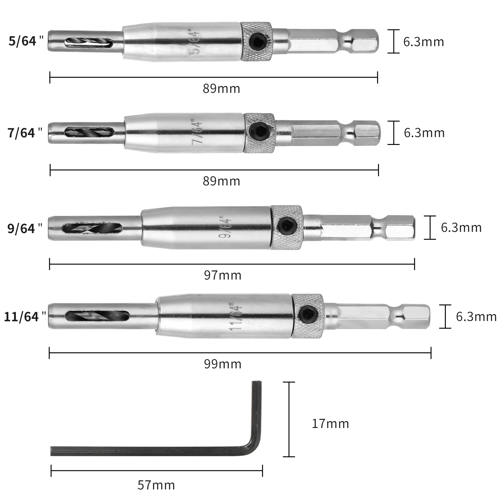 Self Centering Drill Bit Set 11/64",9/64",7/64", 5/64", for #10#8#6#4#2 Screws Size, Be Compatible with 1/4 in VIX Bit Bosch Snappy Quick-Change Hex Drill,Part #45300 Center Finding Drill Bit