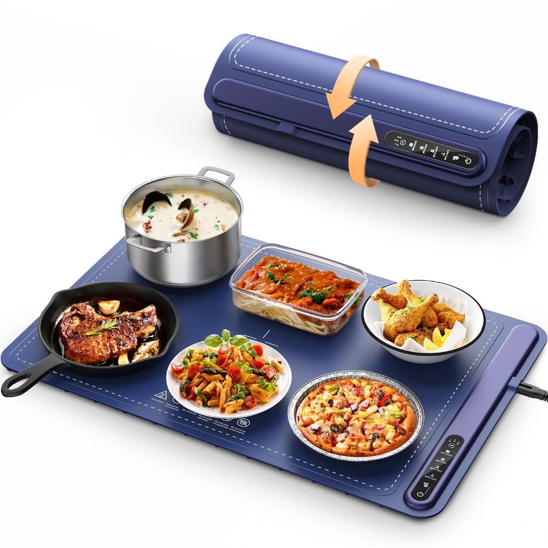 Food Warming Mat - Fast Heating Silicone Electric Warming Tray with 4 Level Temperature, Raised Feet Protects Table, Roll Up Buffet Hot Plates Heat Pad, Portable Food Warmer for Parties Home Travel