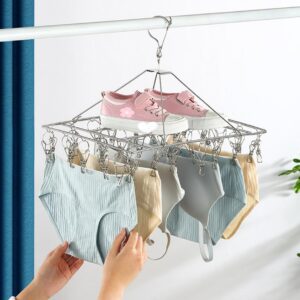 TVRTFQ 2 Pack Stainless Steel Sock Drying Rack with 80 Clips,360° Rotatable Windproof Hook Clothes Hanger Rack for Sock,Bras,Underwear,Baby Clothes,Hat,Scarf,Pants,Gloves,Towel and Laundry Accessories