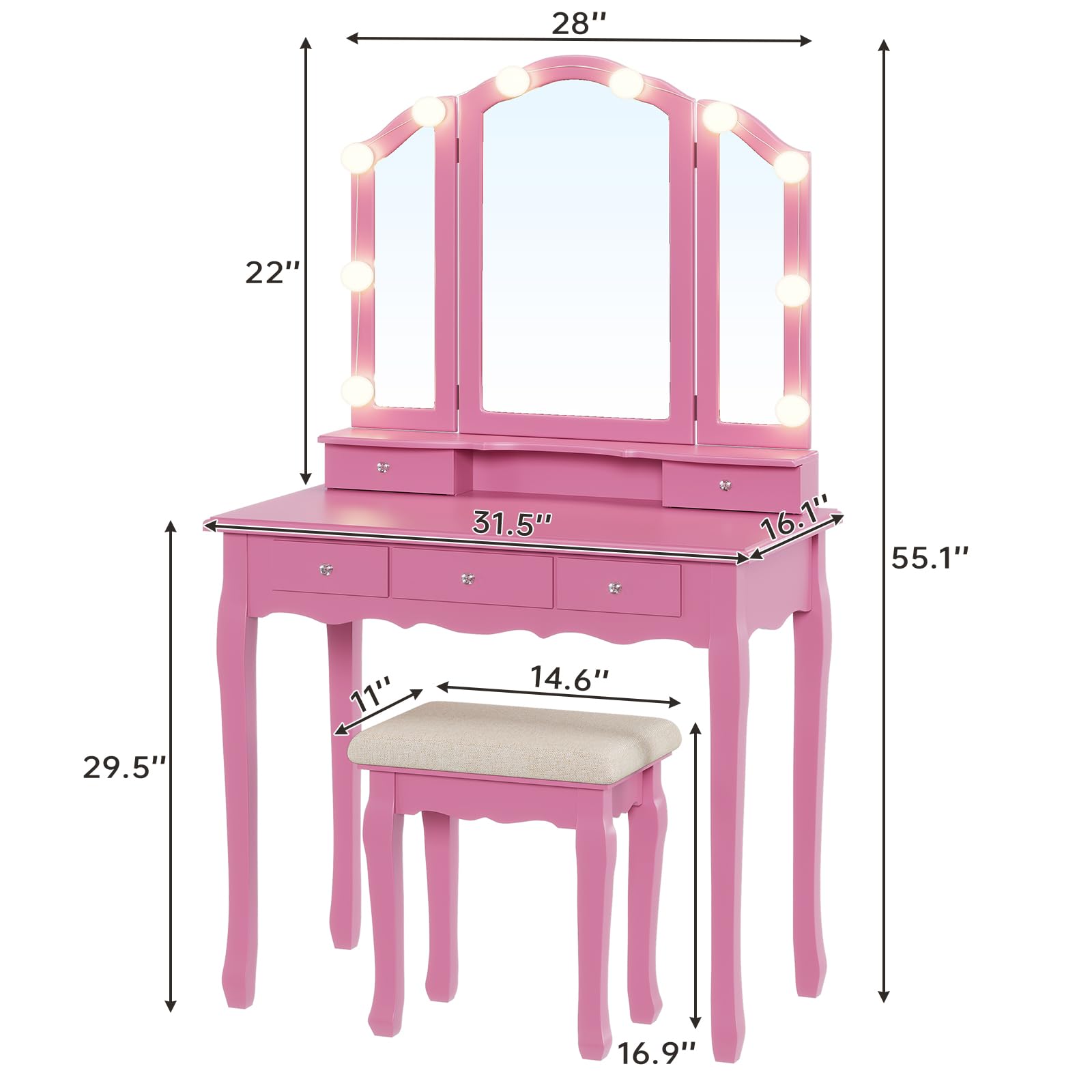 Tiptiper Vanity Desk with Tri-Fold Mirror and Lights, Makeup Vanity with Wood Upholstered Stool, Vanity Table with 5 Drawers & 8 Jewelry Hooks, Small Vanity, Pink