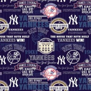 new york yankees cotton fabric stadium print, licensed mlb, navy, 60252