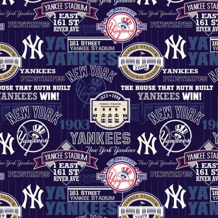 New York Yankees Cotton Fabric Stadium Print, Licensed MLB, Navy, 60252