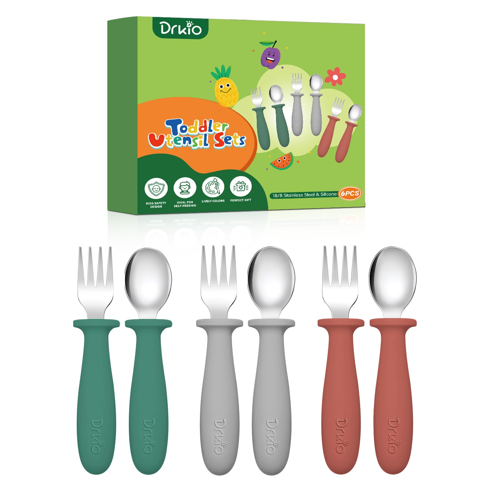 DRKIO 6 Pieces Toddler Utensils Set - Kids Silverware Set with Silicone Handle Children Safe 18/8 Stainless Steel Forks and Spoons Anti-Choke Design Food Grade Dishwasher Safe