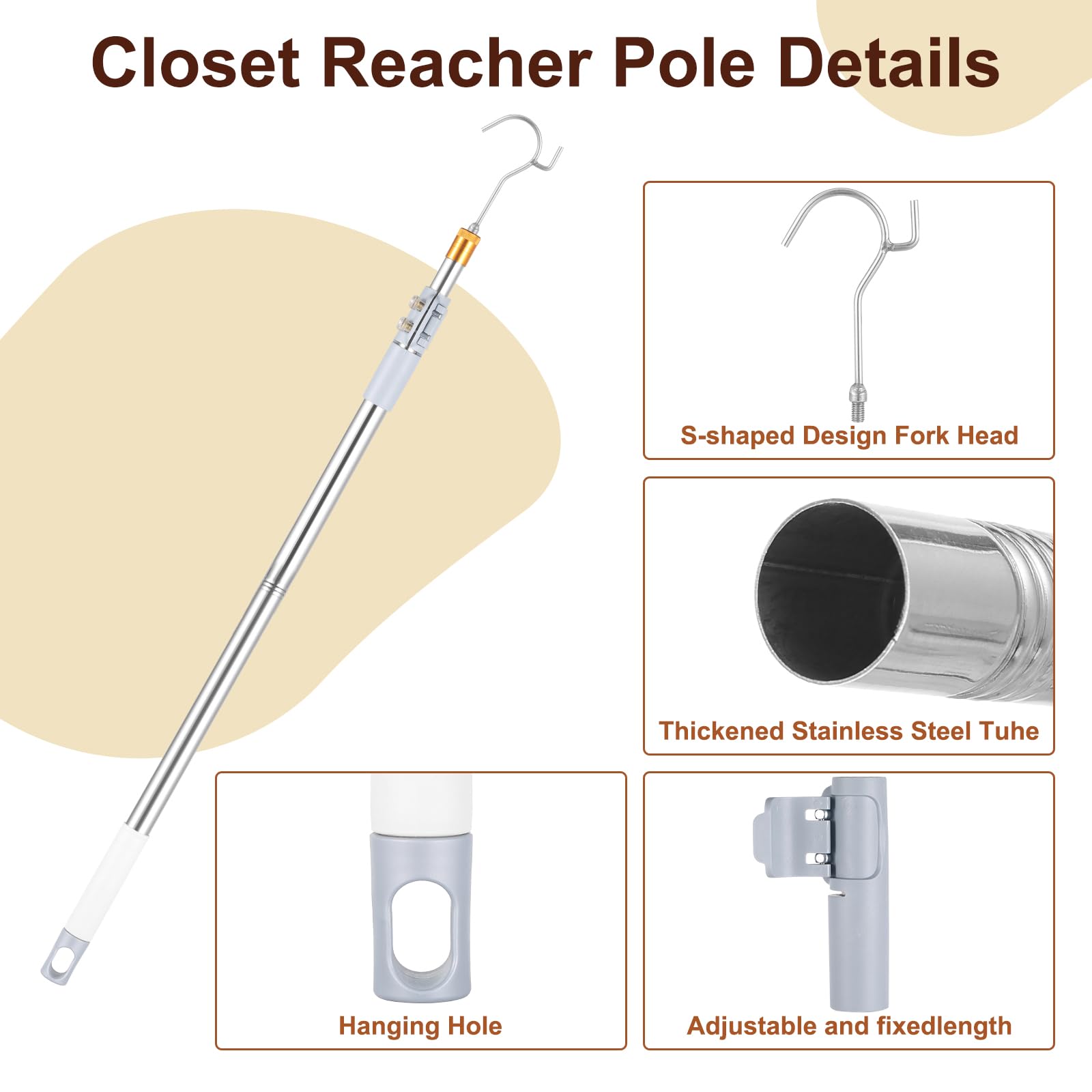 Clothes Hook Pole,Closet Hook Extends from 37 inches to 62 inches,Closet Hook Rod Made of Stainless Steel Adjustable,S Hook Closet for Reaching Extending Rod Lightweight Hang High Area Top