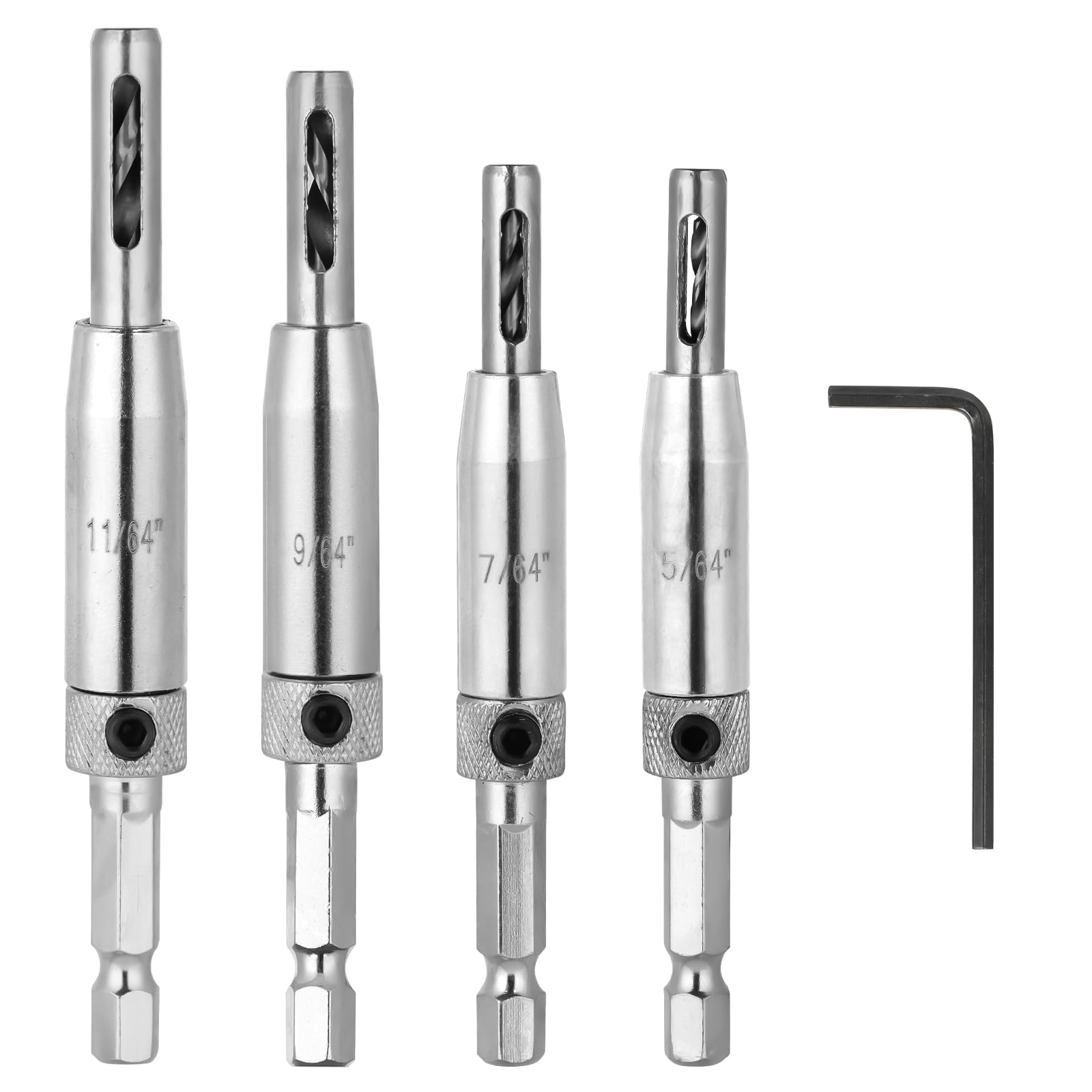 Self Centering Drill Bit Set 11/64",9/64",7/64", 5/64", for #10#8#6#4#2 Screws Size, Be Compatible with 1/4 in VIX Bit Bosch Snappy Quick-Change Hex Drill,Part #45300 Center Finding Drill Bit