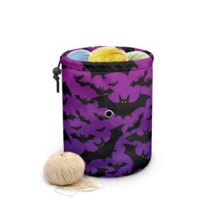 sellikakes halloween purple bat small yarn storage bag, mini knitting bag yarns drum case for carry yarn ball, crochet kits, knitting supplies and sewing accessories,