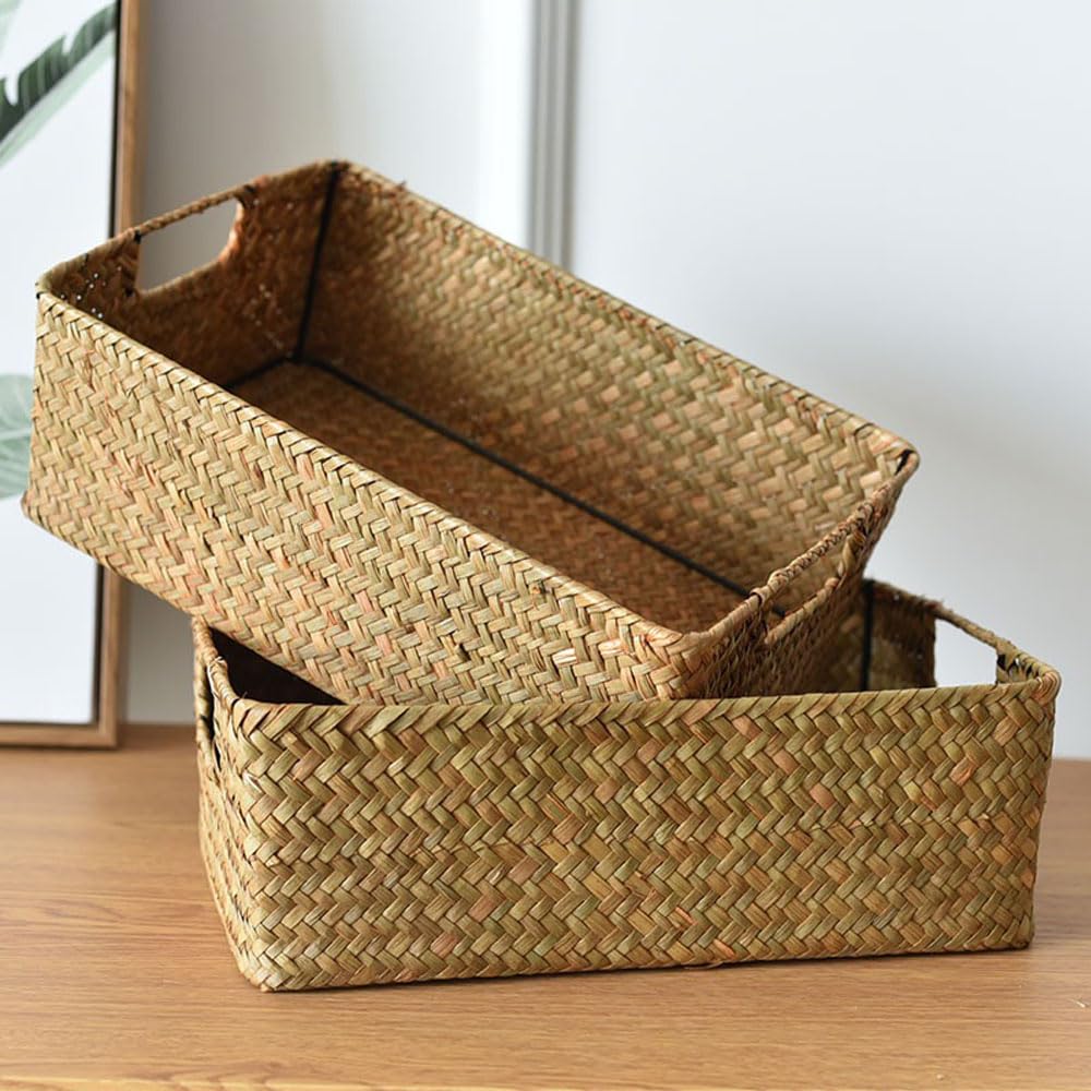 1 Pcs Handwoven Wicker Shelf Baskets, Natural Bamboo Rectangular Organizing Baskets for Shelf/Table, Built-in Iron Rack Wicker Storage Basket for Snack Cat Strip Small Things