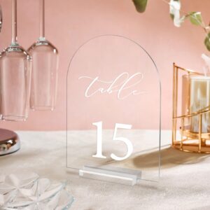 Arch Wedding Table Number 1-25 Clear Acrylic Tabletop Signs 5x7 Inch with Holder for Wedding Parties Anniversaries Reception Cafe Hotel Party Bar Business Event (1-25)