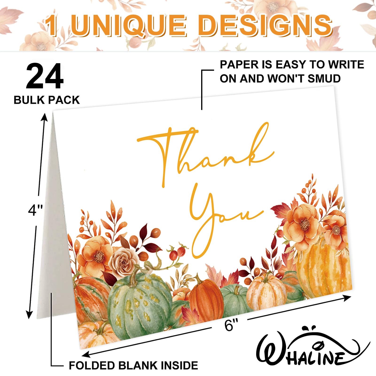 Whaline 24 Pack Fall Thank You Cards Bulk Watercolor Orange Green Pumpkin Greeting Cards with Envelopes Stickers Blank Note Cards for Autumn Party Supplies, 4 x 6 Inch