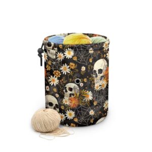 sellikakes daisy skull yarn bag,crochet tote knitting bag yarn storage organizer holder case for crochet hooks needles knitting kit for beginners