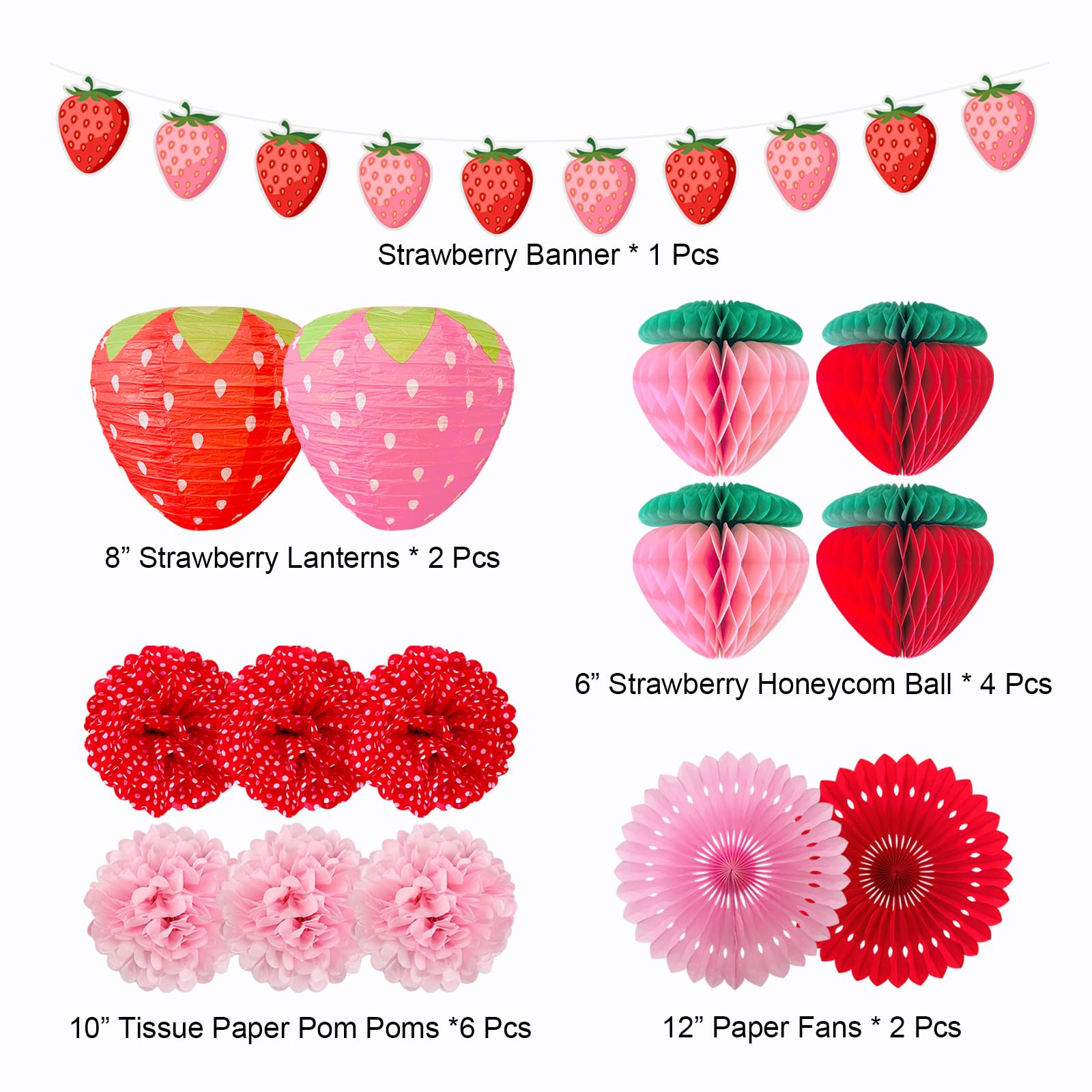 Strawberry Party Decorations Strawberry Hanging Banner Red Pink Tissue Pom Poms Fans Honeycomb Balls Lanterns for Berry Sweet Fruits 1st Birthday Bridal Baby Shower Decorations Supplies