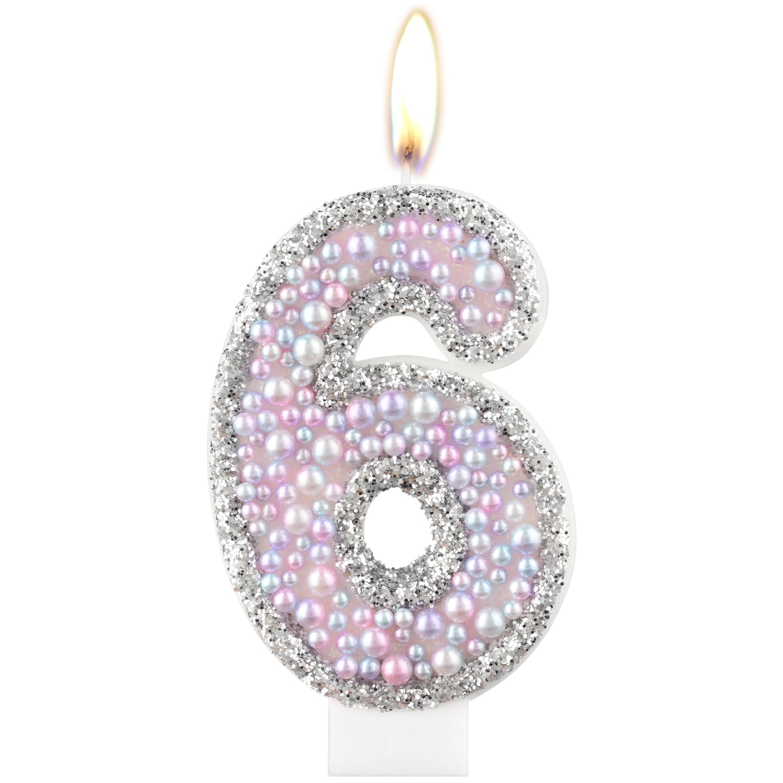 iNINGER Birthday Candle Macaron Glitter 3D Number Candle,Pink Purple Pearls Number 6 Candle with Purple Shell Sequins for Girl Boy Cake Topper Wedding Anniversary Pastel Sweet Theme Party Decoration