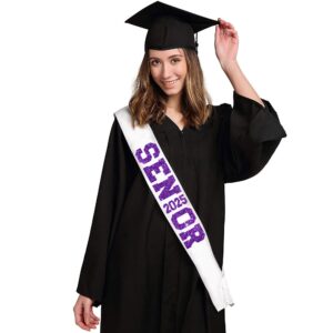 6Pcs White Senior 2025 Satin Sashes with Purple Glitter Letters- 2025 Graduation Celebrations Sashes - Senior Cheer Sash - Cheerleader Sash - Class Competition Sashes