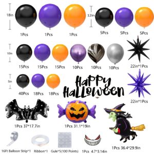 178 PCS Halloween Balloons Arch kit With Black Purple Orange Balloons Witch Balloons Pumpkin Candy Balloons Bat Balloons Outdoor Indoor Halloween Party Decoration balloon Garland