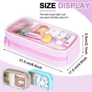 DSIOHFEI 3PC Clear Pencil Case, Kawai Stationery Storage Pouch, Aesthetic Large Capacity Pen Pencil Holder Bag, Waterproof Zippered with Cute Pins Pendant, Make up Bag Suit for Women