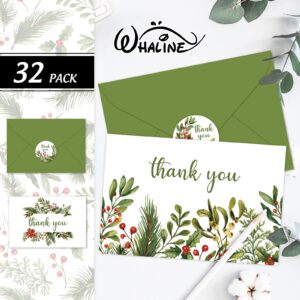 Whaline 32 Packs Christmas Thank You Greeting Cards Watercolor Holly Berry Blank Note Cards with Envelopes and Stickers for Xmas Winter Wedding, 4 x 6 Inch