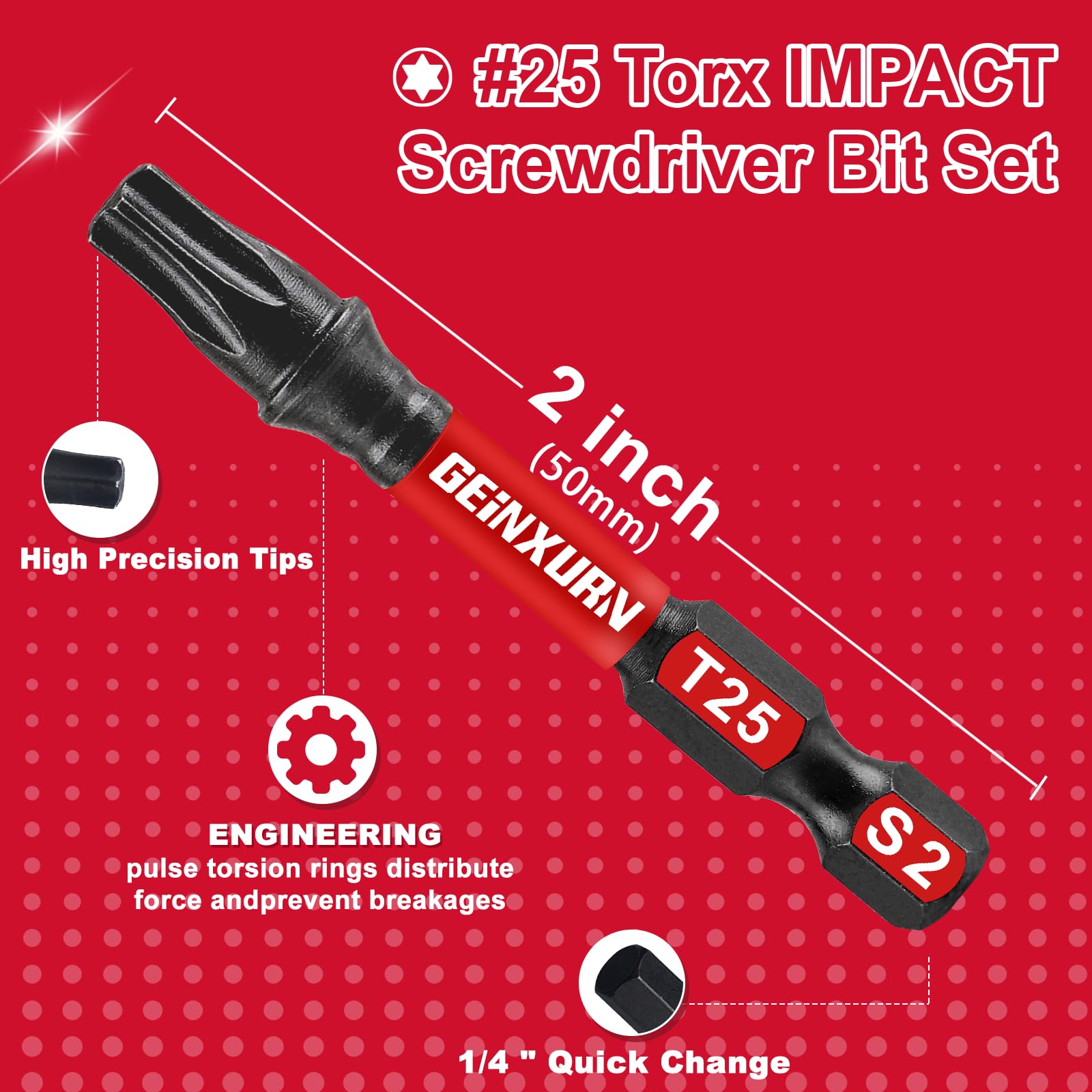 Geinxurn 10 Pieces 2 In. T25 Impact Tough Magnetic Screwdriver Bit Set, #25 Torx Head Power Bits, S2 Alloy Steel Star Bits with Storage M-Box