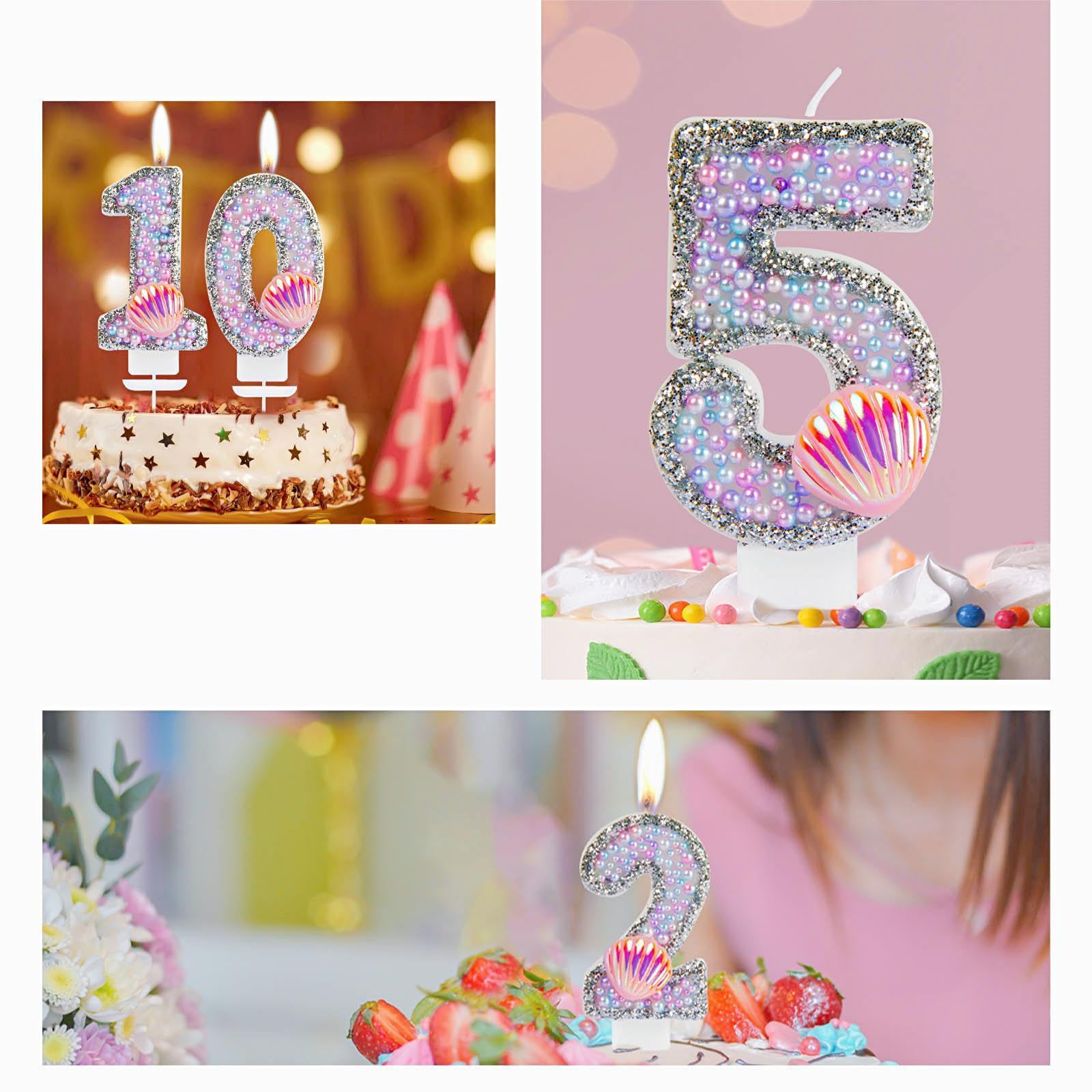 iNINGER Girls Glitter 7th Birthday Number Candle,Glitter Mermaid Number 7 Candle with Pink Shell Sequins,Pink Purple Pearls Cake Candles for Girls Mermaid Themed Birthday Decorations Party Supplies