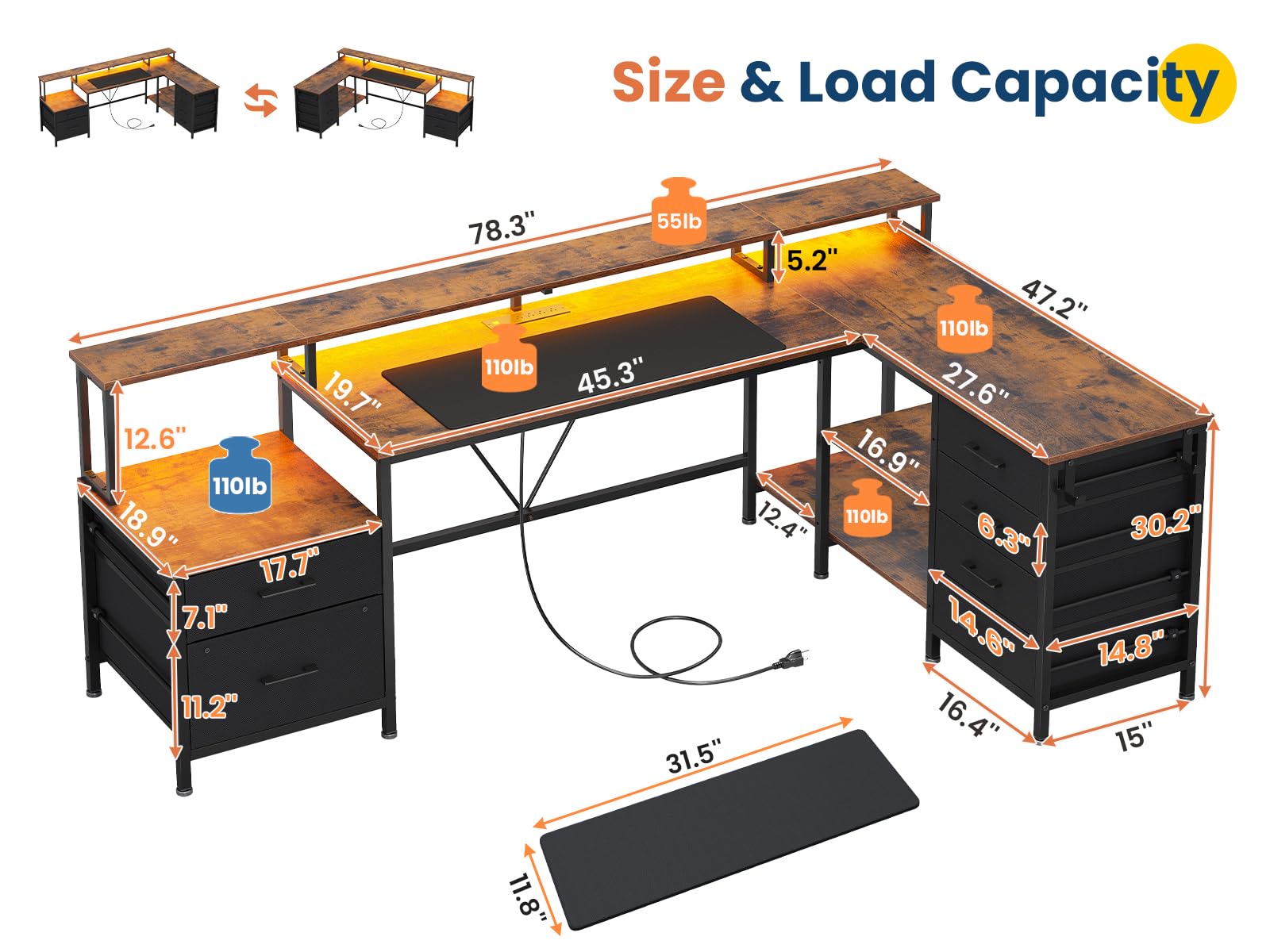 UPOSOJA L Shaped Gaming Desk with Power Outlet, 78" Reversible Corner Computer Desk with File Drawers & LED Strip, Home Office Desk with Storage Shelves Monitor Shelf CPU Stand Mouse Pad Brown