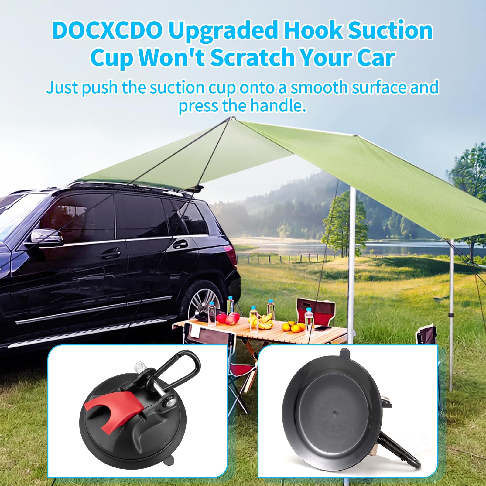 DOCXCDO Upgraded Camping Suction Cup Hooks for Car Camping Essentials, 4 PCS Heavy Duty Suction Cup Hooks,Strong Suction Cups for Camping Accessories, Car Awnings, Tents, RV,Windows, and Glass