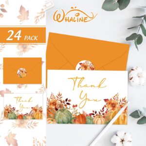 Whaline 24 Pack Fall Thank You Cards Bulk Watercolor Orange Green Pumpkin Greeting Cards with Envelopes Stickers Blank Note Cards for Autumn Party Supplies, 4 x 6 Inch