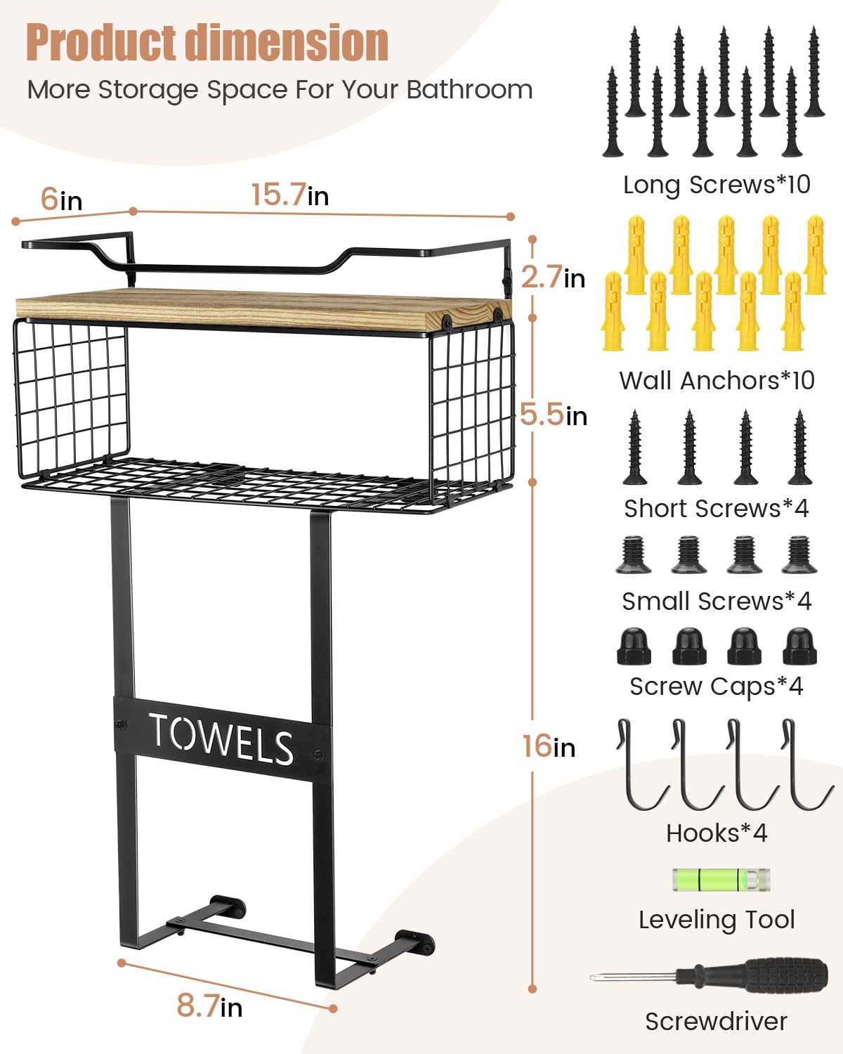 Towel Racks for Bathroom Wall Mounted - Bath Wall Towel Holder Set Above Toilet Storage, Rolled Towel Shelf Organizer for Small Bathroom, Wood Vertical Towel Rack for Bathroom Wall Decor