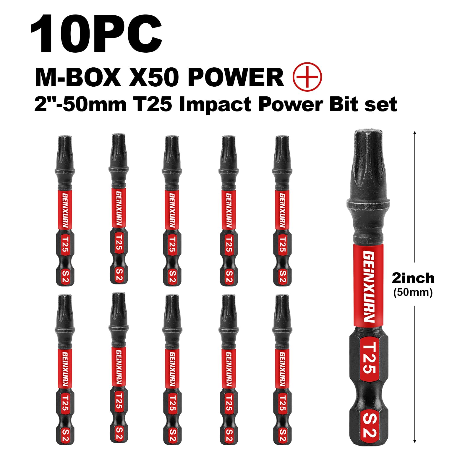 Geinxurn 10 Pieces 2 In. T25 Impact Tough Magnetic Screwdriver Bit Set, #25 Torx Head Power Bits, S2 Alloy Steel Star Bits with Storage M-Box