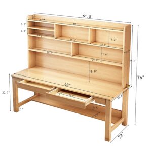 BALANBO Kids Desk Kids Table with Hutch for Children Wood Table Solid Wood Desk Two Positions Suitable for Two People Suitable for Children's Study Adult Home Office and Other Places(Natural)