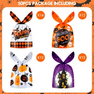 50 Pack Halloween Goodie Bags - Plastic Halloween Treat Bags, Happy Halloween Goody Bag, Trick or Treat Rabbit Ear Candy Treat Snack Cookie Gift Favor Bags for Kids Halloween Party Supplies Favors