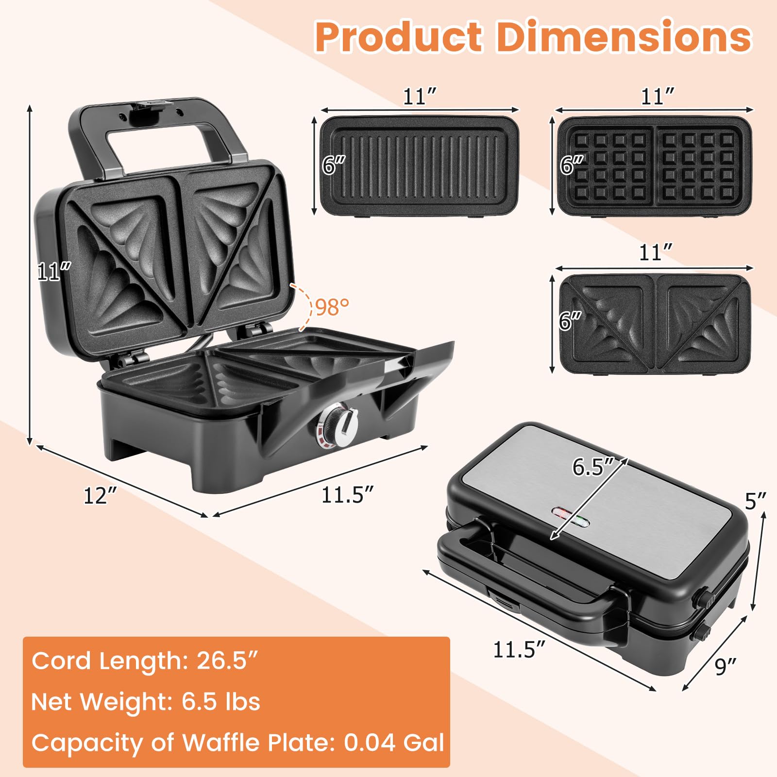 COSTWAY 3-in-1 Sandwich Maker, 1200W Electric Waffle Maker with 3 Removable Non-Stick Plates, Grilled Cheese Maker with 5-Gear Temperature Control, Panini Press Grill for Breakfast