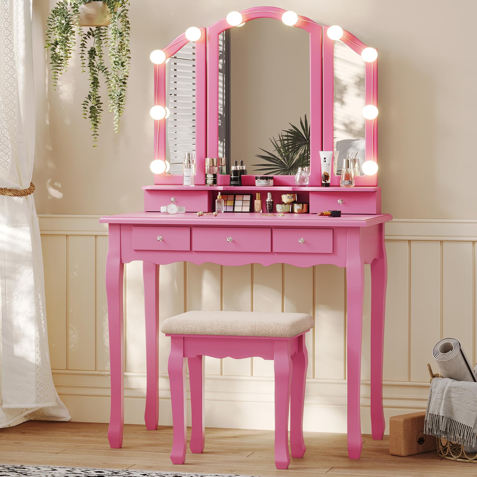 Tiptiper Vanity Desk with Tri-Fold Mirror and Lights, Makeup Vanity with Wood Upholstered Stool, Vanity Table with 5 Drawers & 8 Jewelry Hooks, Small Vanity, Pink