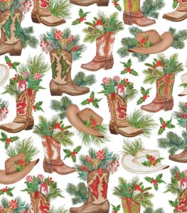 revel & co western christmas folded christmas wrapping paper, 2 feet x 10 feet folded holiday giftwrap with cowboy boots, cowboy hats, holiday greenery and metallic gold highlights